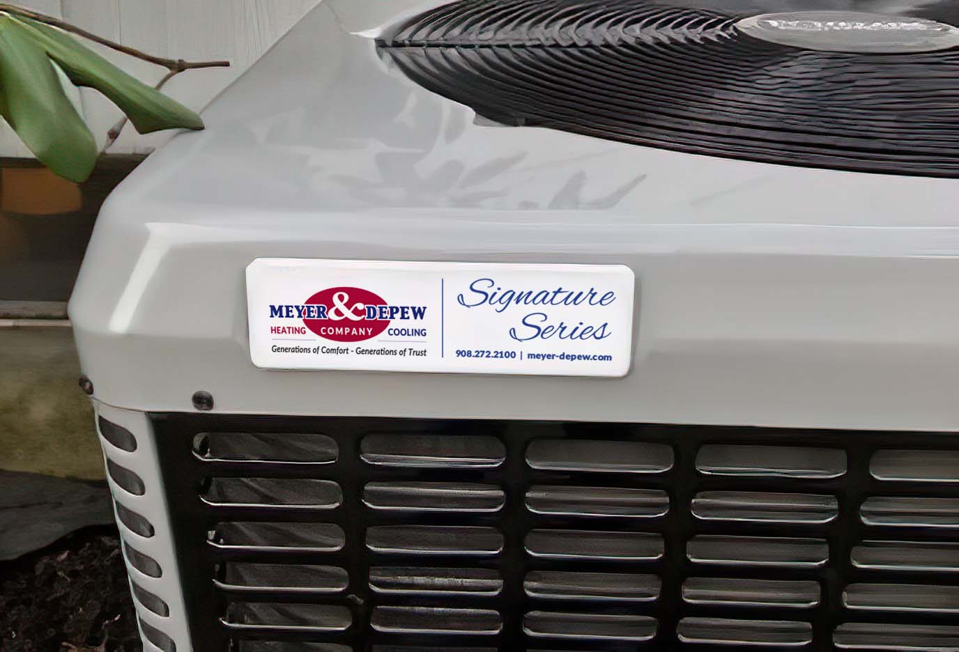 HVAC unit with Meyer & Depew Signature Series logo on it